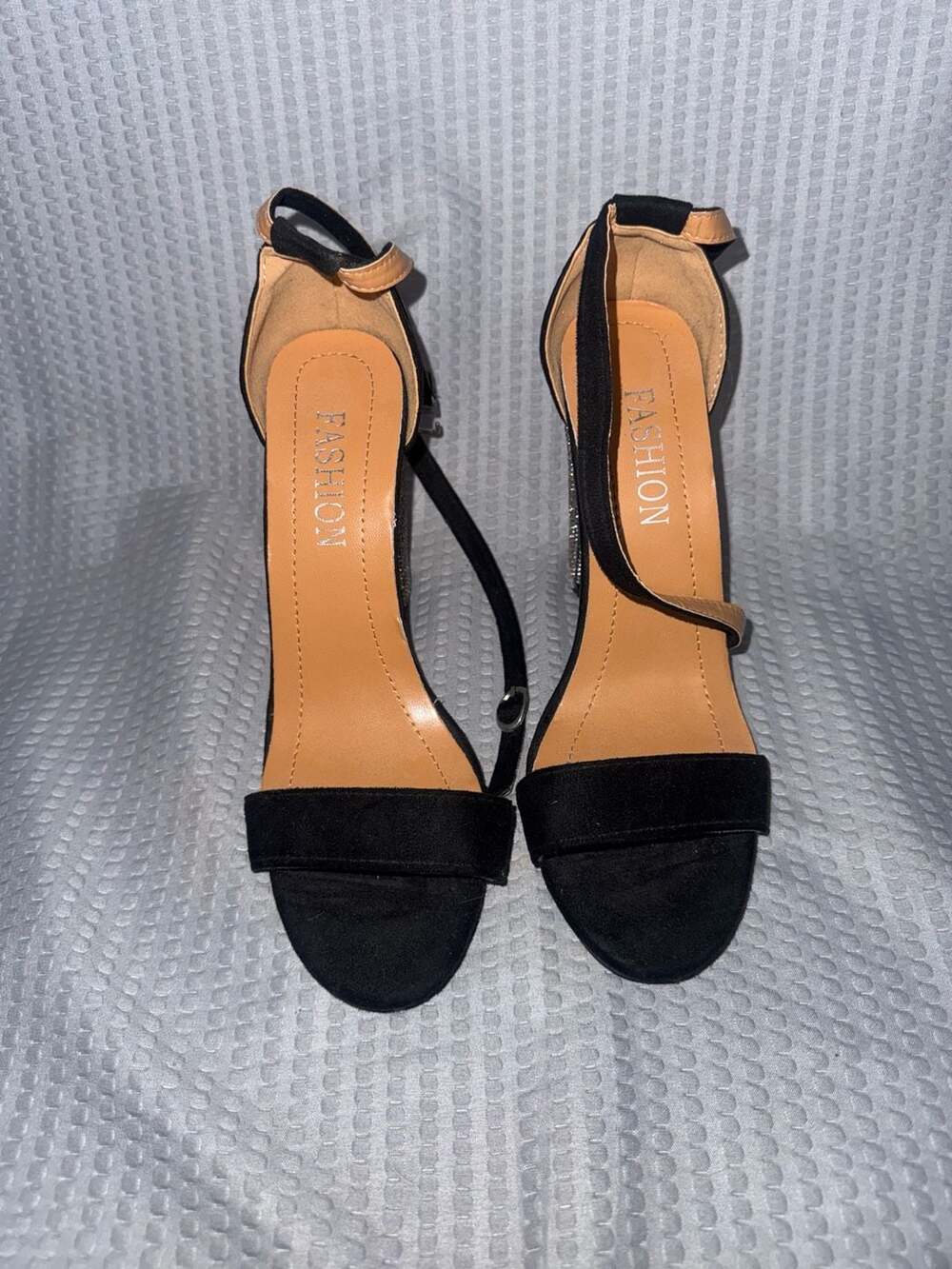 Fashion Black Faux Suede Rhinestone Block Heel Ankle Strap Sandals